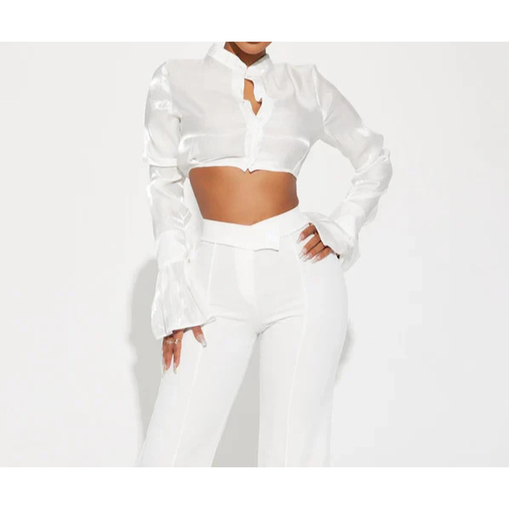 Fashion Nova Kaelie Satin Crop Top Off White Sz Small Long Bell Sleeve New - Picture 3 of 14